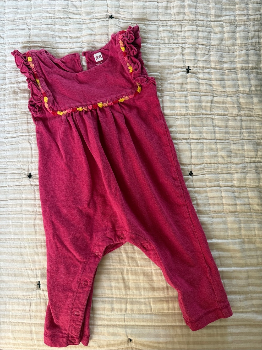 Tea Collection Raspberry Ruffle Romper with Yellow Trim